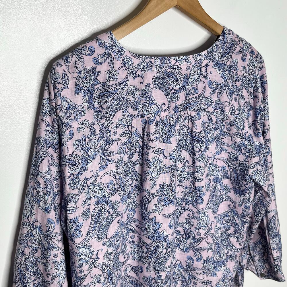 J. Jill Love Linen Popover Top Womens Large Pink Purple Paisley Floral V Neck - Picture 6 of 9